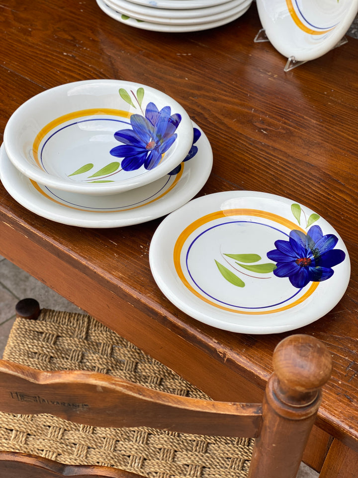 <p>Servizio di piatti in ceramica da sei persone prodotto dalla manifattura "Primula" con decoro floreale blu realizzato a mano. E' composto da piatto piani, fondo, dolce e insalatiera.</p> <p>Misure Piatto piano diametro 25 cm Piatto fondo diametro 22cm Piatto da dolce 20cm Insalatiera 24 cm&nbsp;</p>