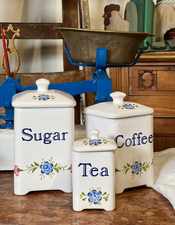 Set barattoli da cucina in ceramica portoghese con scritte Tea Coffee Sugar