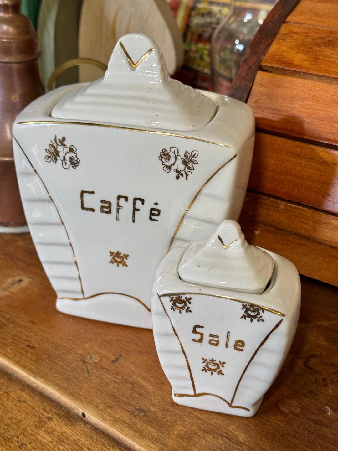 Set barattoli in porcellana vintage Sale e Caffè con decoro dorato