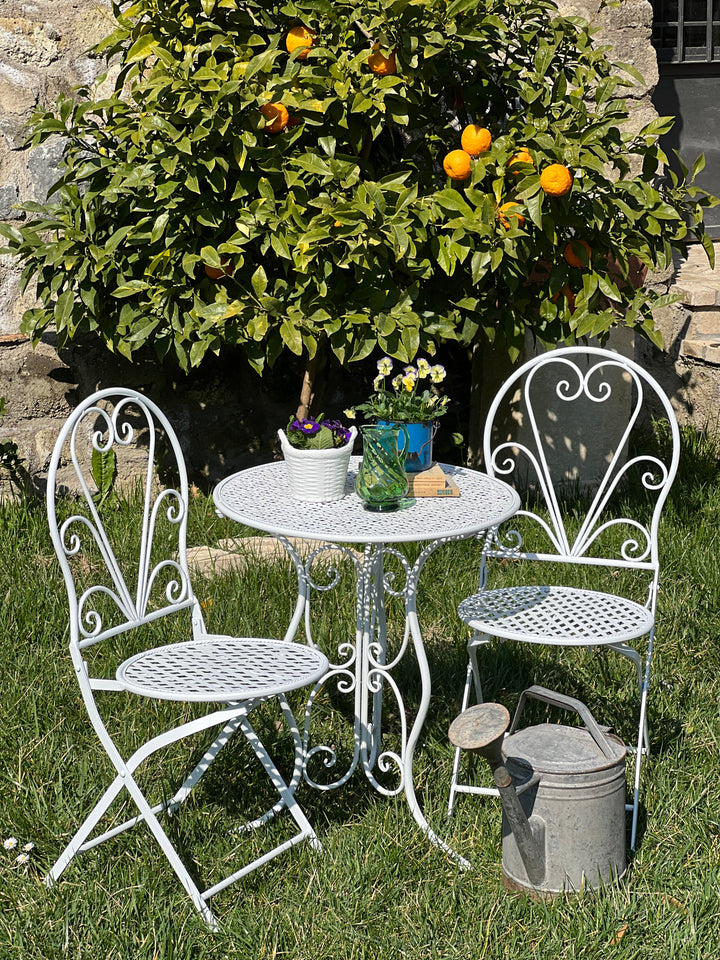 Rendi il tuo giardino, terrazzo o balcone un angolo di puro fascino con questo&nbsp;set da giardino bianco, perfetto per creare un’atmosfera romantica e accogliente all’aperto. Con le sue linee sinuose e il design ispirato allo stile francese shabby chic, questo set aggiunge un tocco raffinato e senza tempo ai tuoi spazi verdi.

E' composto da tavolino rotondo con piano traforato e due sedie pieghevoli per un facile riposizionamento e riponibilità.

