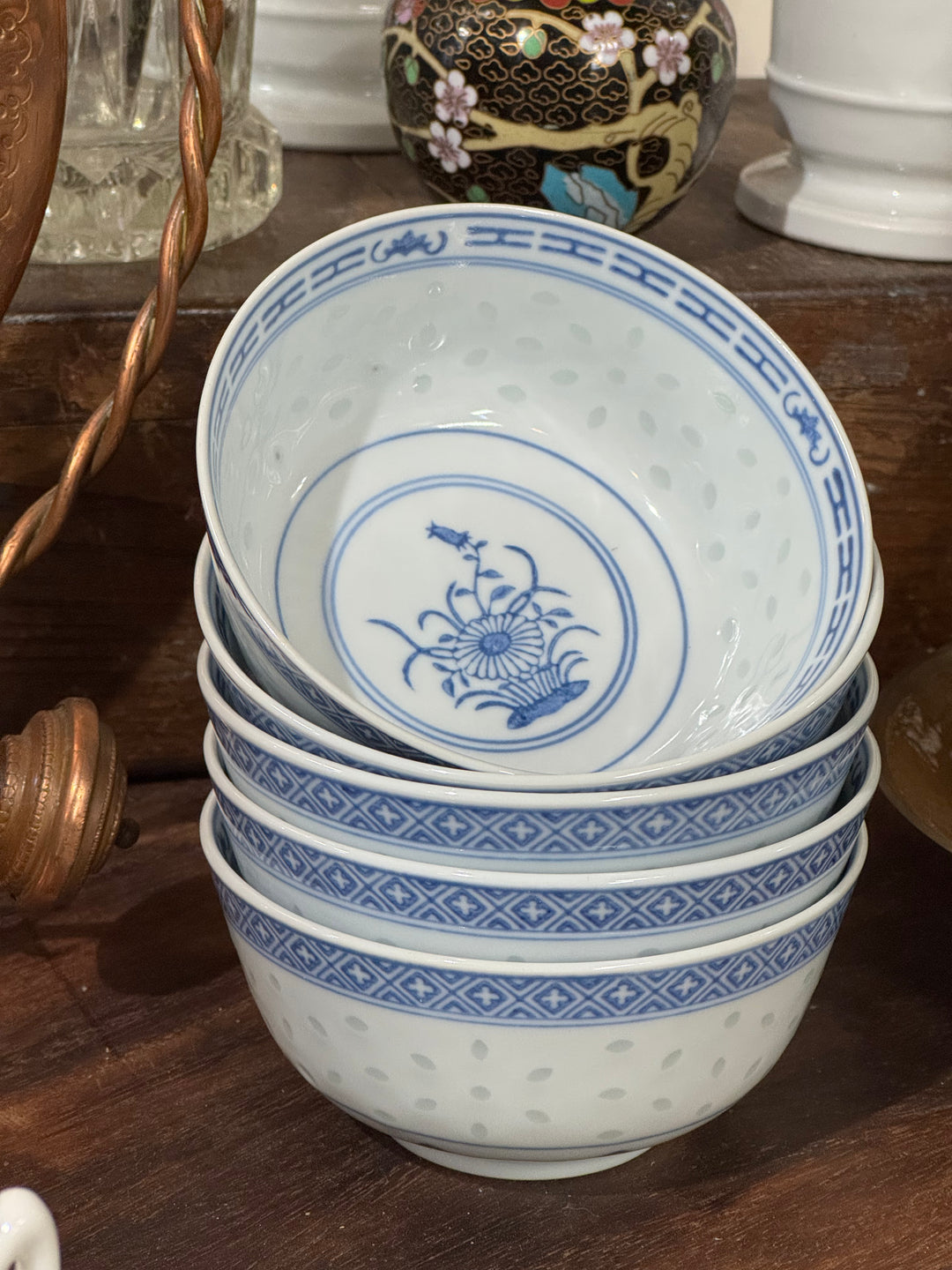 Set di ciotoline cinesi per riso in porcellana blu e bianca con decoro floreale