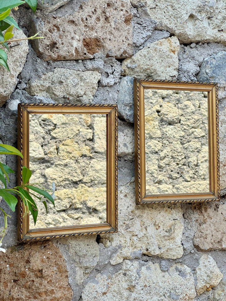 Coppia di specchi da parete vintage con cornici rettangolari in legno dorato decorate.