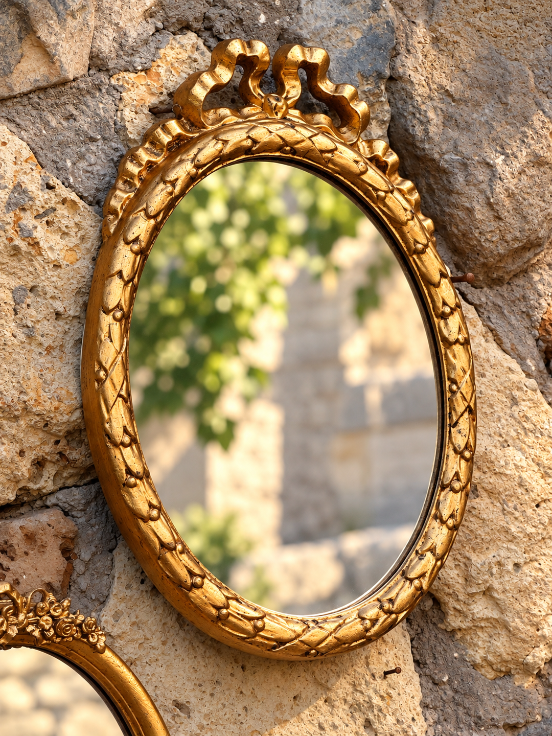 Specchietto Ghirlanda ovale con cornice dorata anticata, decorazione intrecciata e fiocco superiore, 35×24 cm.