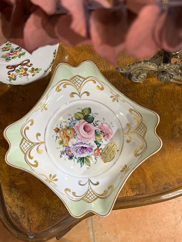 Svuotatasche quadrato in porcellana decorata Limoges con fiori e bordo oro