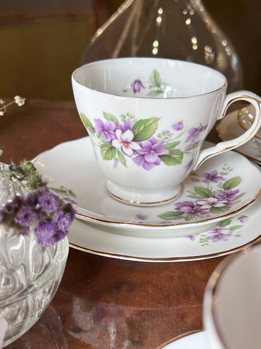 <p>Meraviglioso trio vintage composto da tazza da tè e due piattini in porcellana inglese Bone China firmata Duchess decoro Tivoli.</p> <p>Presenta un decoro di violette e un bordo dorato dipinto.<br>In ottime condizioni.&nbsp;</p>