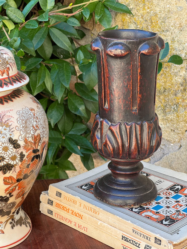 Vaso vintage in legno intagliato – decoro floreale – 22 cm
