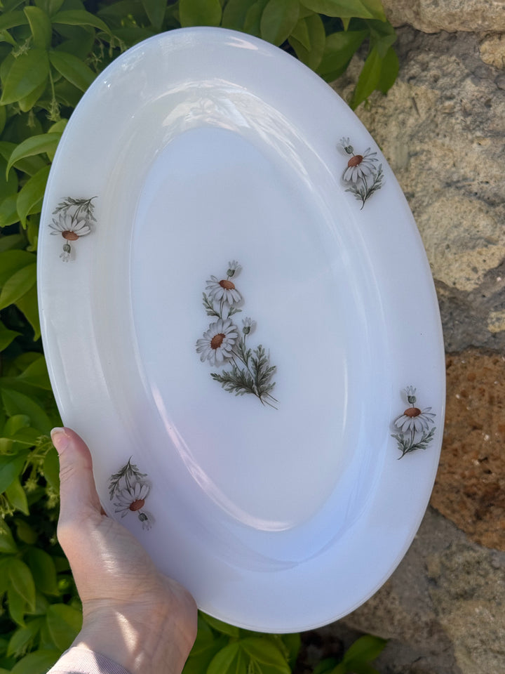 Vassoio vintage Arcopal France in vetro opalino bianco con decoro margherite