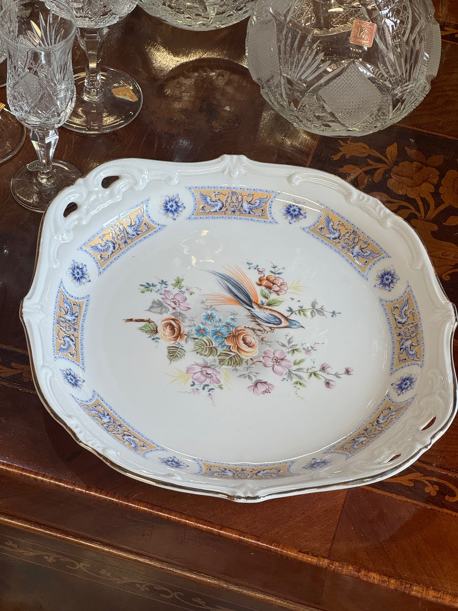 Vassoio vintage in porcellana St. Martin con decorazione floreale e uccello in stile Limoges