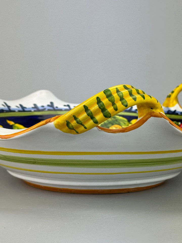 Centrotavola in ceramica dipinta a mano Deruta con decoro frutta con manici