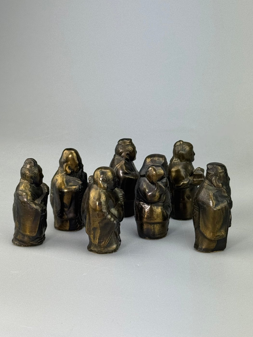 Set di 7 Shichi Fukujin in bronzo Divinità della Fortuna Giapponesi XX secolo