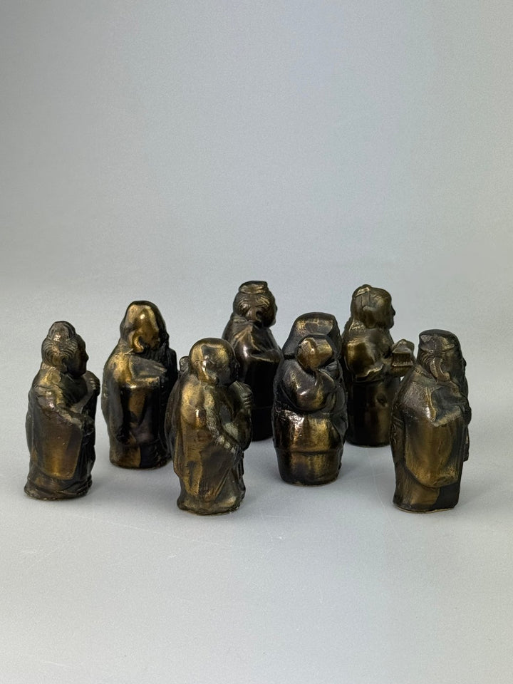 Set di 7 Shichi Fukujin in bronzo Divinità della Fortuna Giapponesi XX secolo