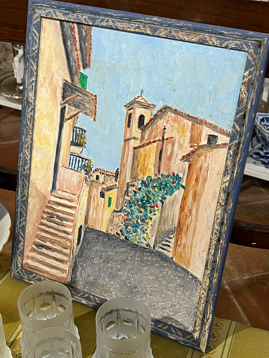 Quadro olio su tela senza firma raffigurante uno scorcio cittadino in cornice di legno sui toni del blu. Misure: 33,5*44 cm