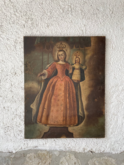 Olio su tela dell'800 raffigurante Madonna del Rosario con bambino.
