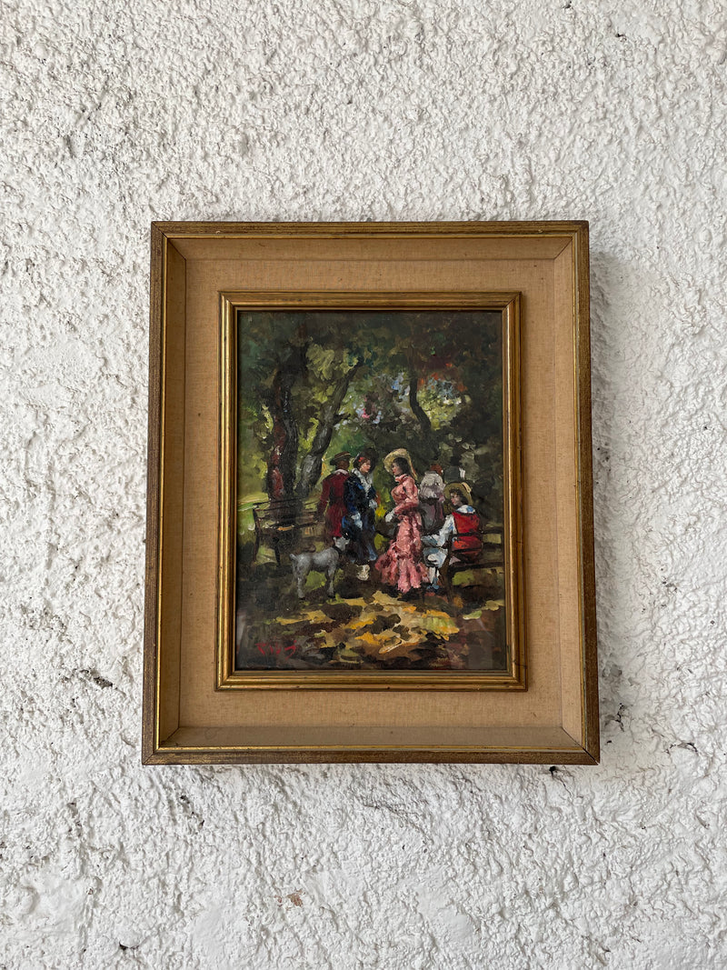 Quadro olio su tela, raffigurante donne in abiti ottocenteschi al parco, prodotto agli inizi del 900.