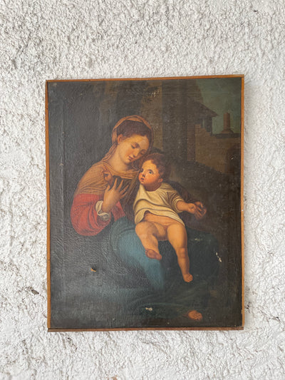 Quadro olio su tela raffigurante Madonna con bambino, sul retro della tela presenta firma A.V.E. 1872