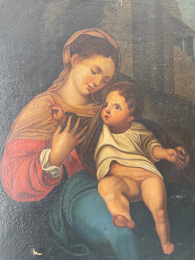 Quadro olio su tela raffigurante Madonna con bambino, sul retro della tela presenta firma A.V.E. 1872