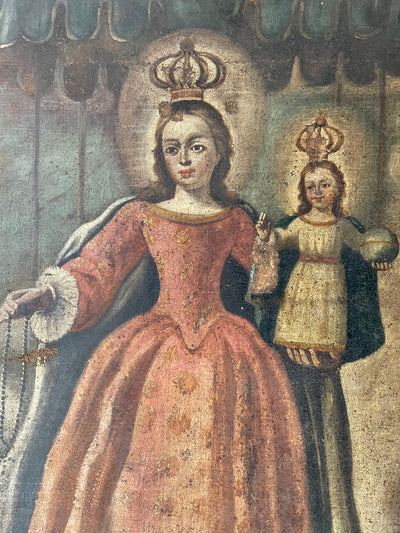 Olio su tela dell'800 raffigurante Madonna del Rosario con bambino