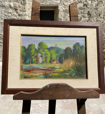Quadro olio su cartoncino raffigurante paesaggio firmato Marelli in basso a sinistra.