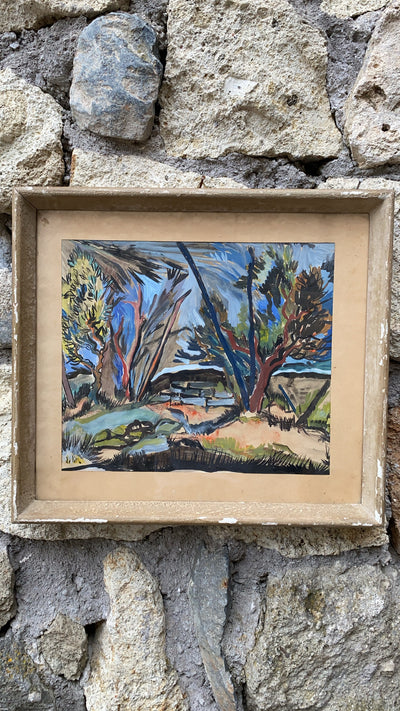 Quadro tempera su cartoncino raffigurante paesaggio. Firma in basso a sinistra " De Lallis"