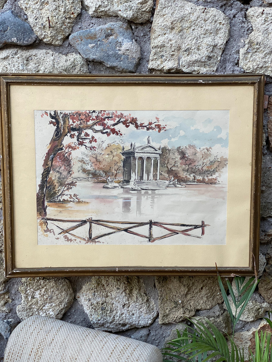 Quadro in tecnica mista china e acquarello su cartoncino raffigurante Villa Borghese, Roma.