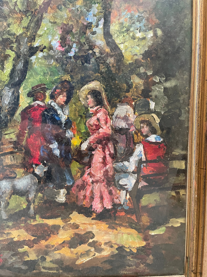 Quadro olio su tela, raffigurante donne in abiti ottocenteschi al parco, prodotto agli inizi del 900.
