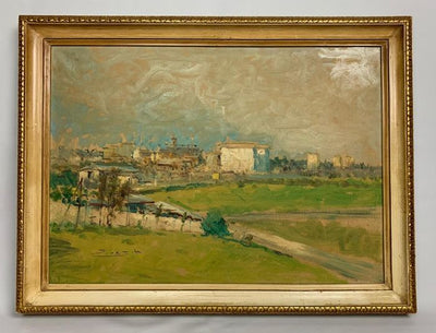Quadro olio su tela firmato Umberto Ziveri raffigurante paesaggio con veduta cittadina sullo sfondo