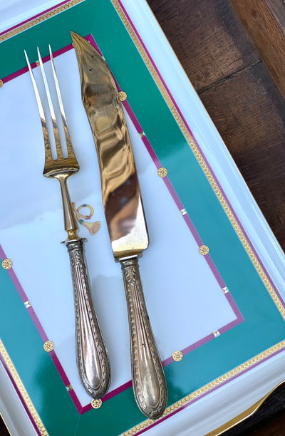 Set Posate da arrosto con manico lavorato e punzone argento 800.